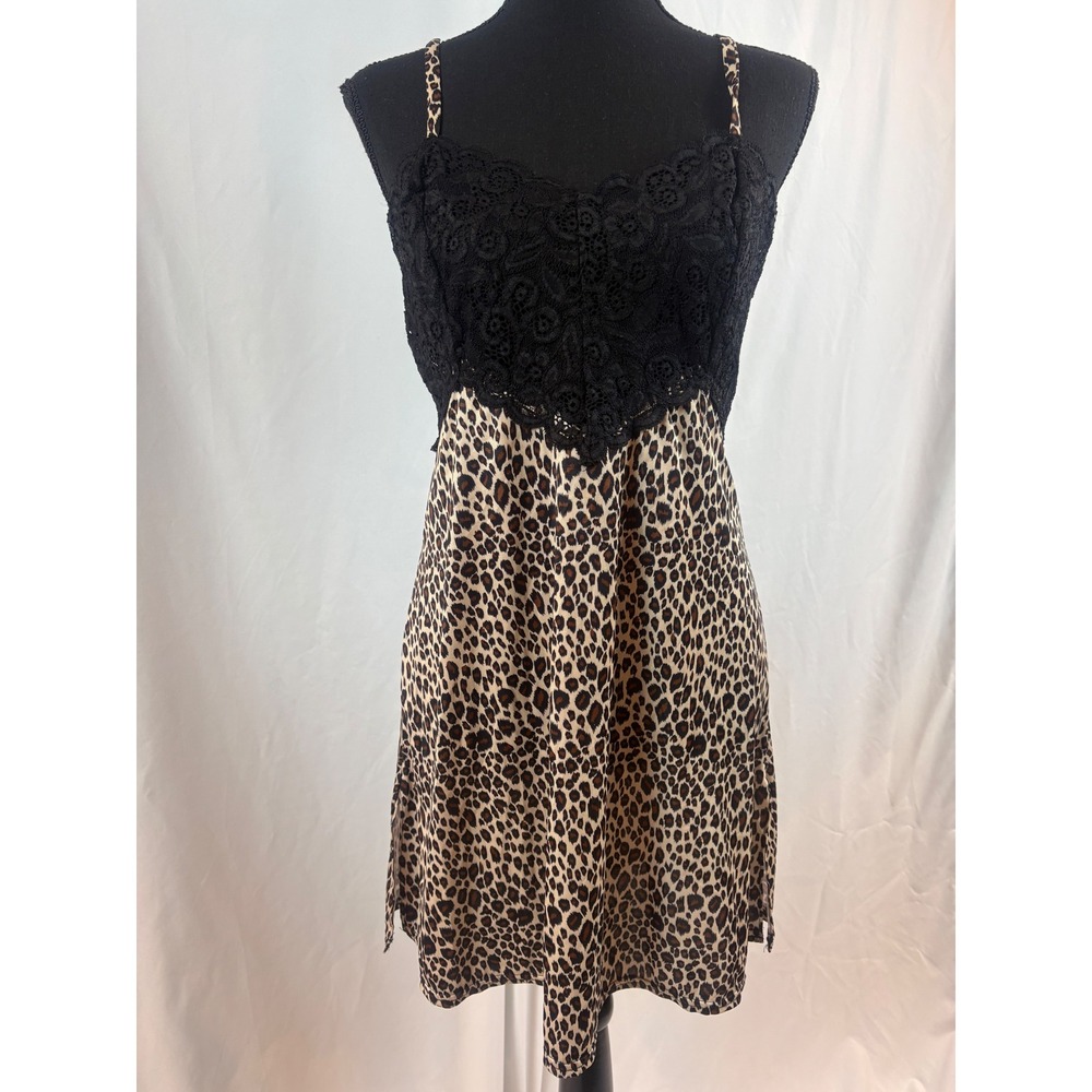 Y2K LA Intimates Leopard Print Lace Bodice Chemise Nightgown Brown Black Small